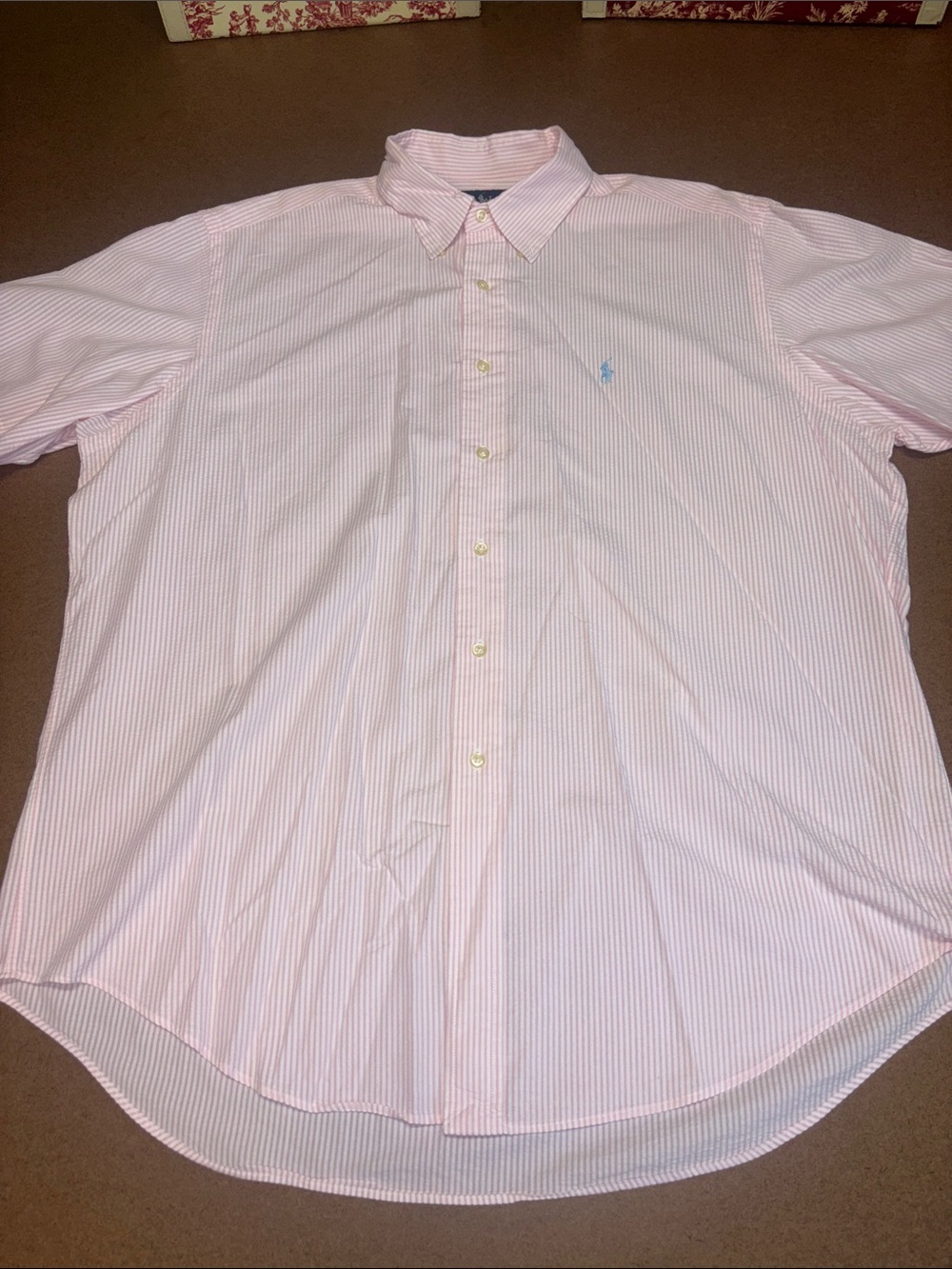 Ralph Lauren XL Seersucker Pink and White Pinstripe Button-Down S/S Shirt